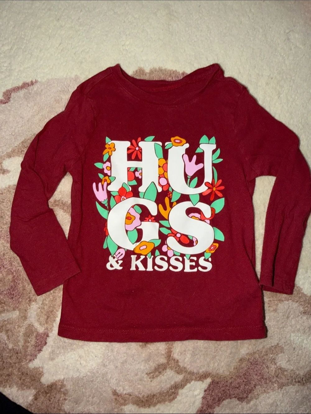Old Navy Burgundy Long Sleeve Tee with Colorful Floral 'Hugs & Kisses' Graphic
